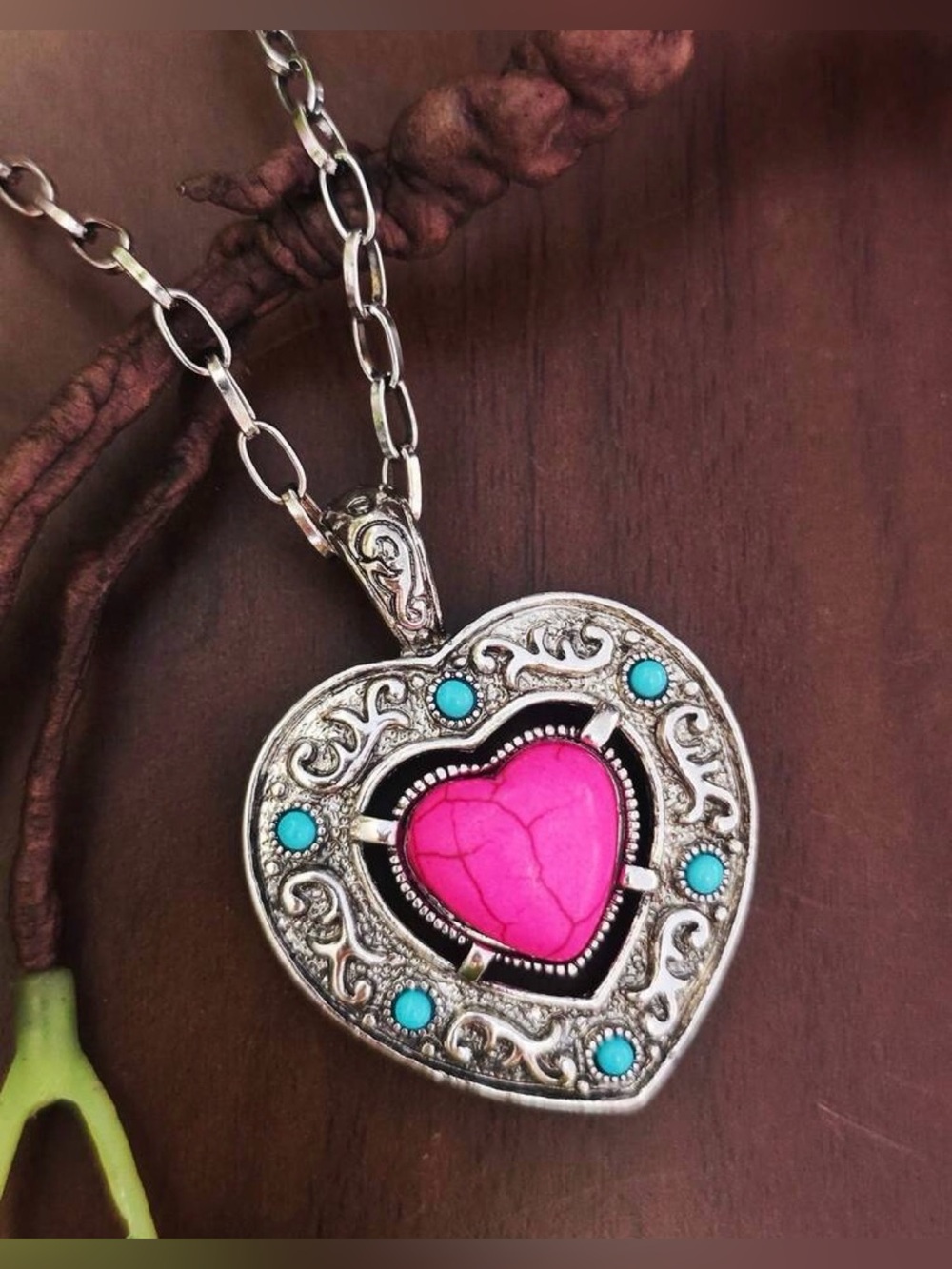 Western Heart Pendant Necklace with Pink Stone and Turquoise Accents